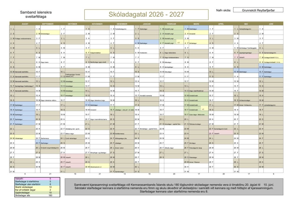 Skóladagadal næsta skólaárs