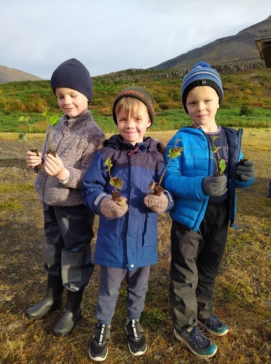 Þóroddur Björn, Hafsteinn Árni og Alexander, nemendur í 1. bekk gróðursettu birkiplöntur í skógarrei…